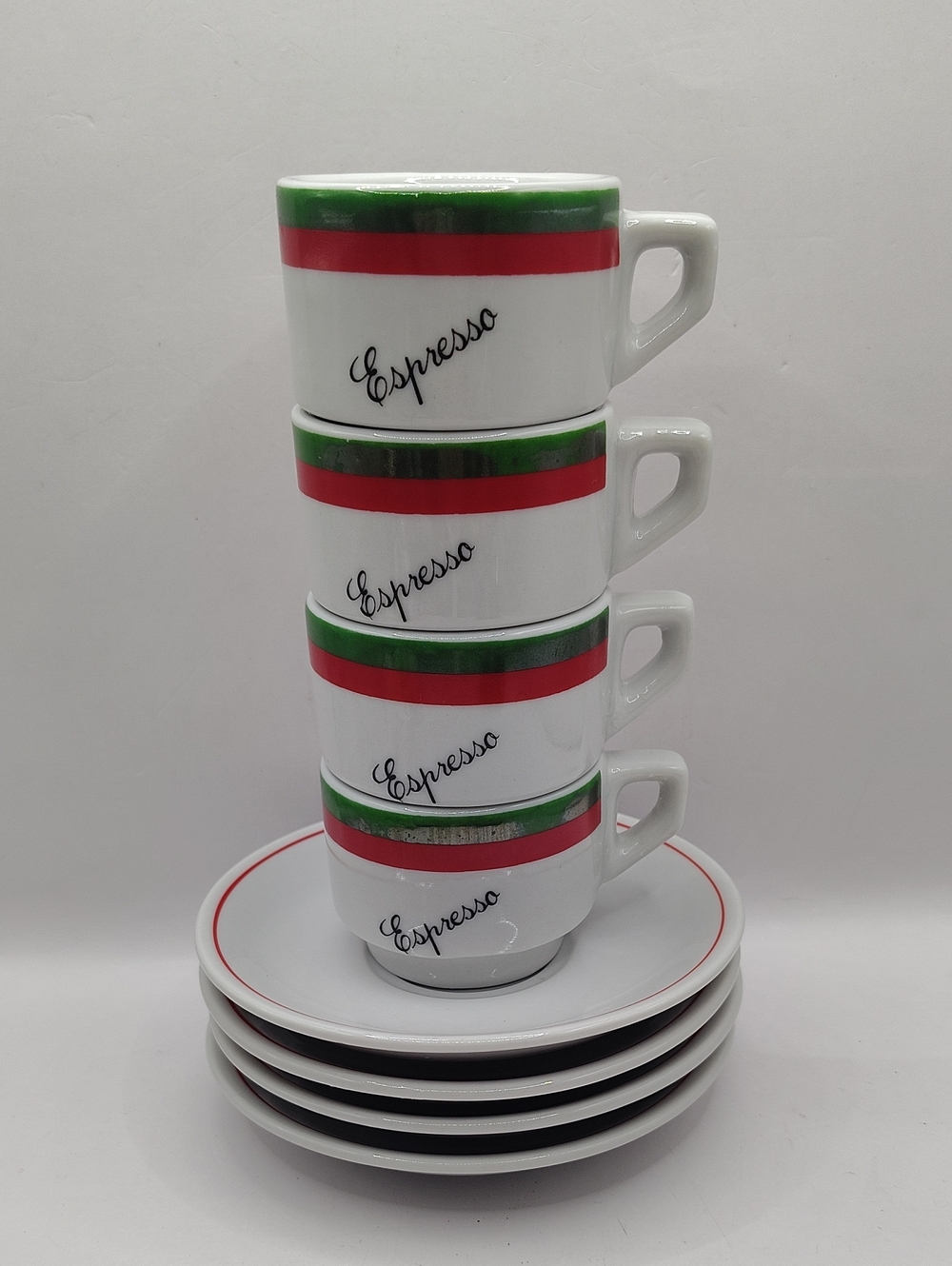 Vintage White Espresso Cup Set with Red and Green Bands, Made In Brazil